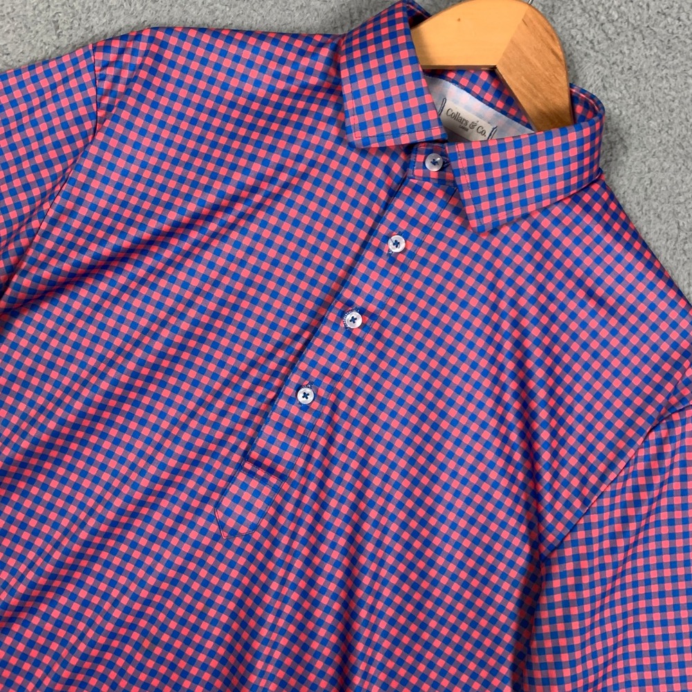 Collars & Co. Dress Collar Polo Mens Large Pink Blue Gingham Check Short Sleeve